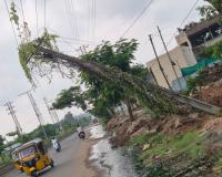 డ్రైనేజీ మధ్యలో విద్యుత్ స్తంభాలు